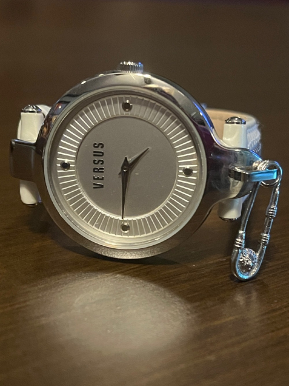 Versace White leather & silver Round Dial Watch w Medusa Safety pin accent NWT